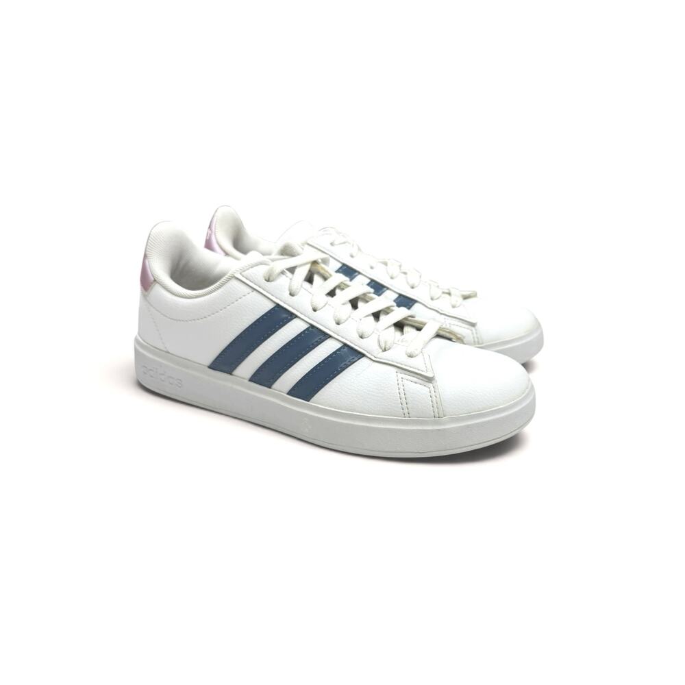 Adidas Women's Grand Court 2.0 Tennis Shoes Blue Stripe Pink Heel Tab White 7.5